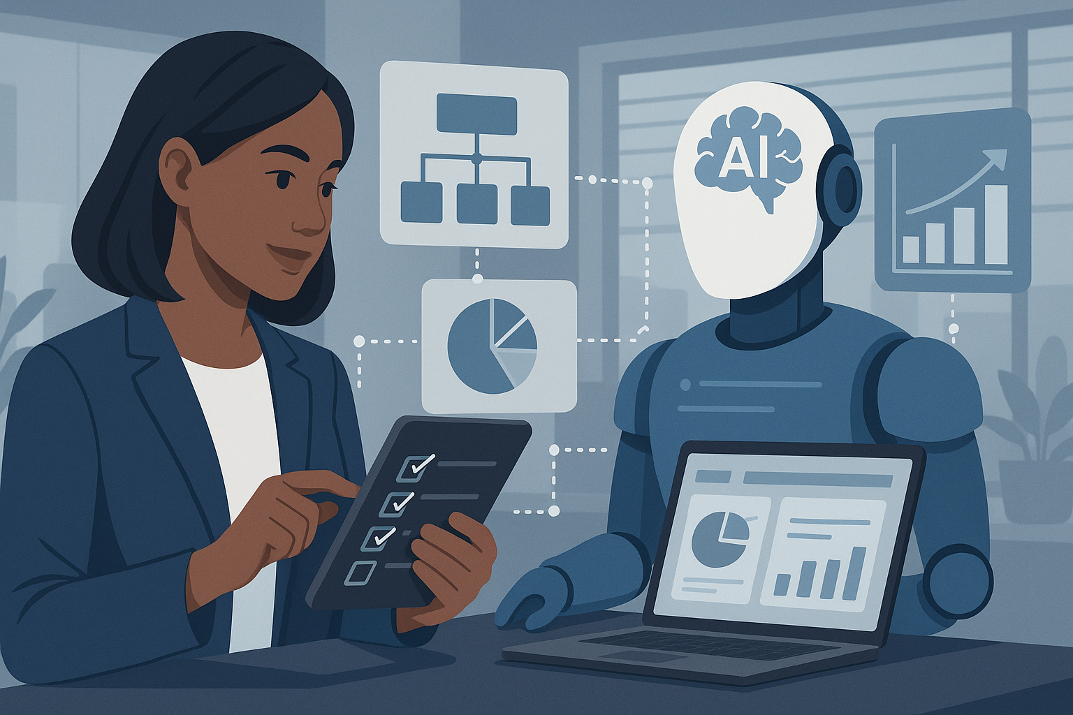 Business professional reviewing automation workflows with an AI assistant using a tablet and analytics dashboard