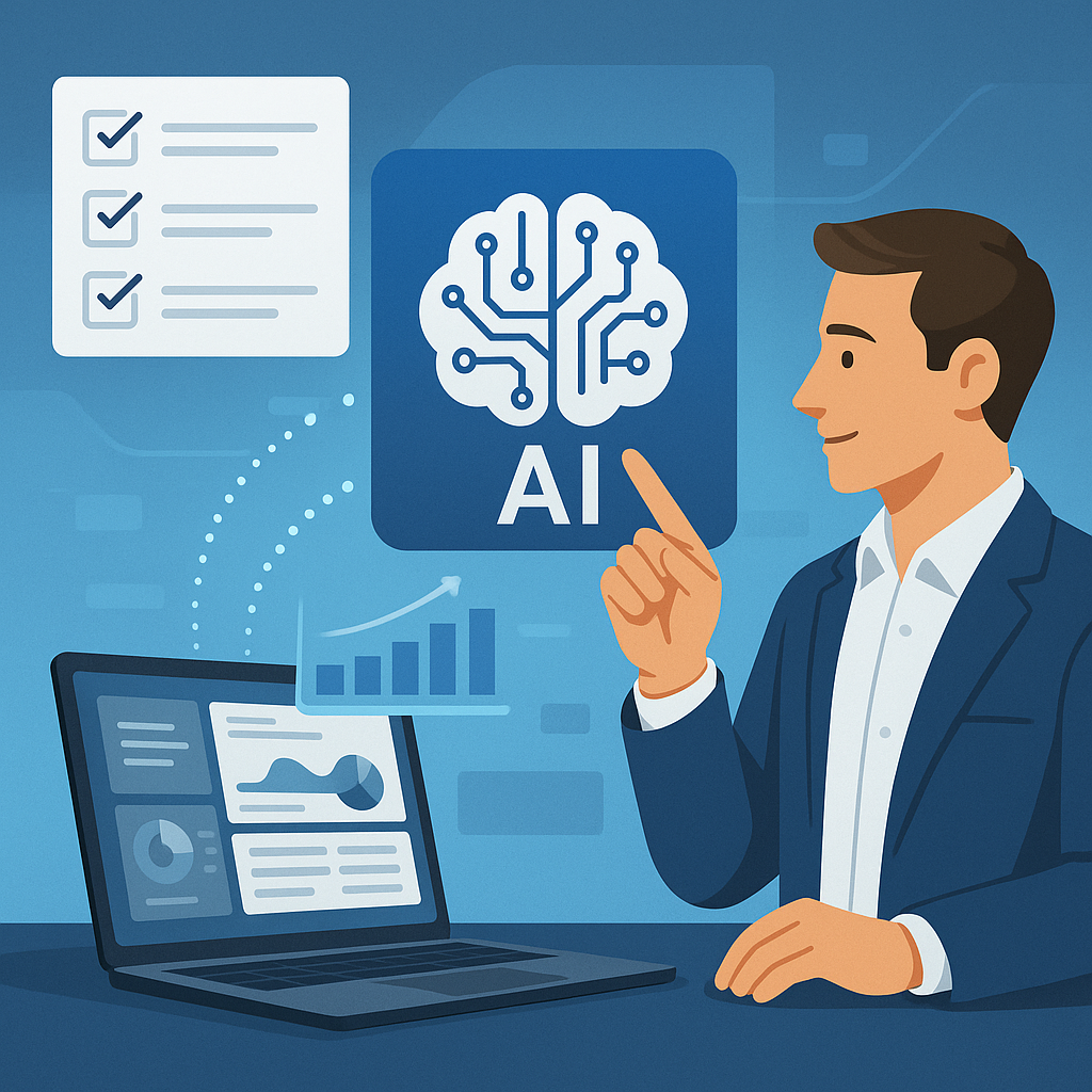 Business professional using AI automation software on a laptop with analytics dashboard and workflow checklist interface