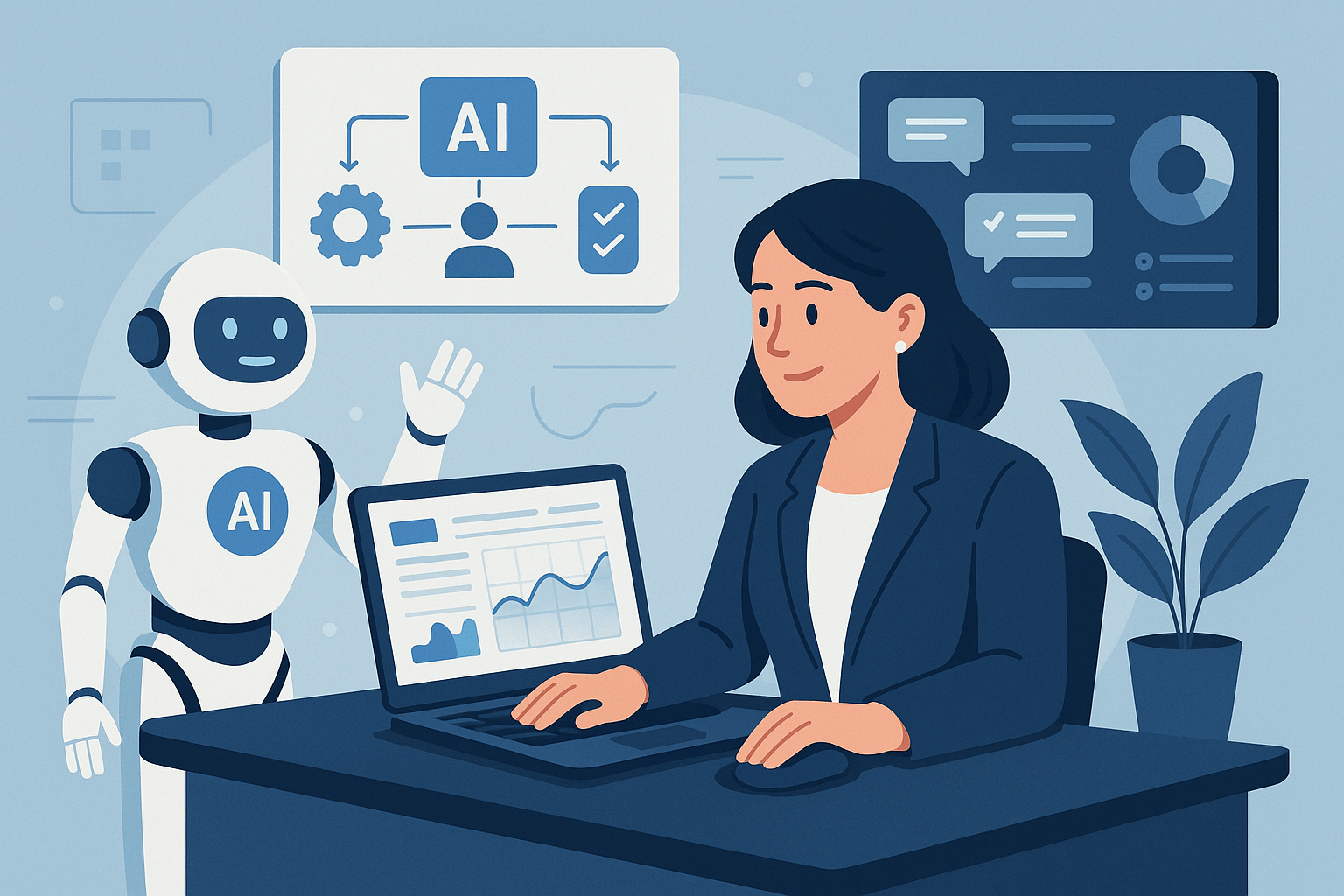 A woman at a desk with a laptop and a friendly AI robot, showcasing AI applications.