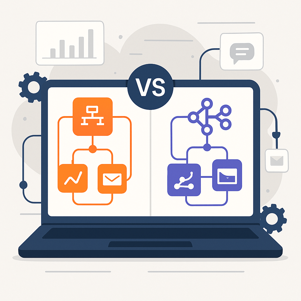 Illustration comparing automation tools with flowcharts on a laptop.