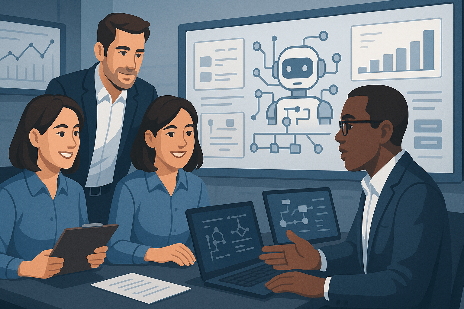 A team discussing AI systems with charts and a robot graphic on a screen.