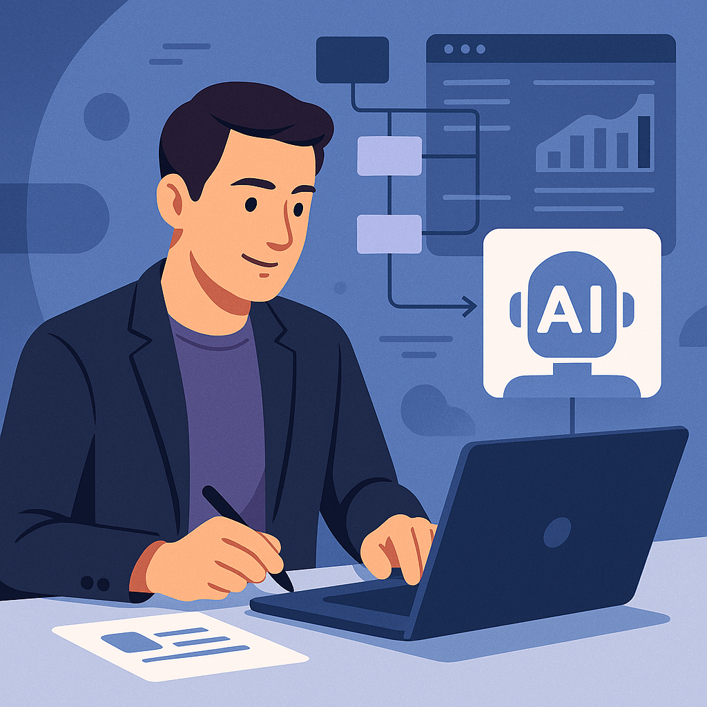 A person working on a laptop with AI graphics in the background.