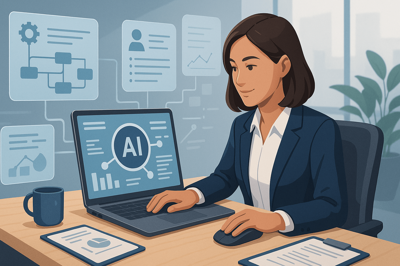 Woman working on a laptop with AI data visualizations and a coffee cup nearby.