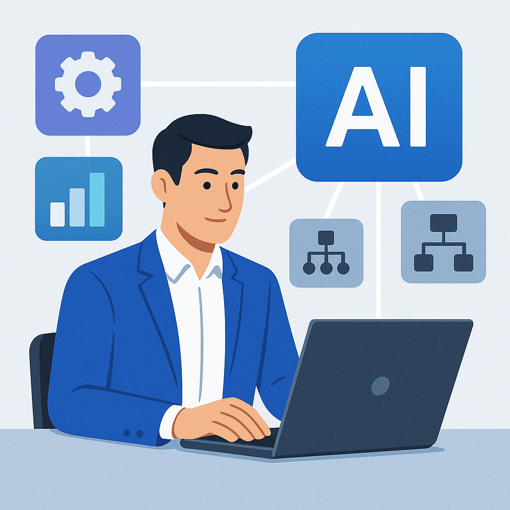 Person using a laptop with AI-related graphics in the background.
