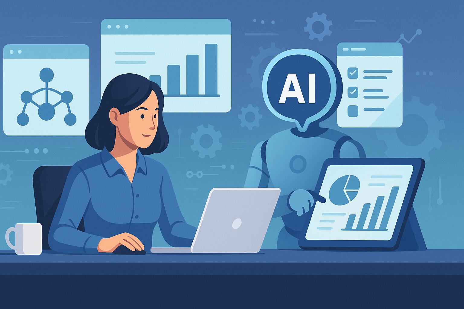 A woman working on a laptop with an AI assistant displaying data charts beside her.