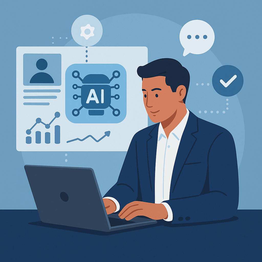 A professional man using a laptop with AI graphics in the background.