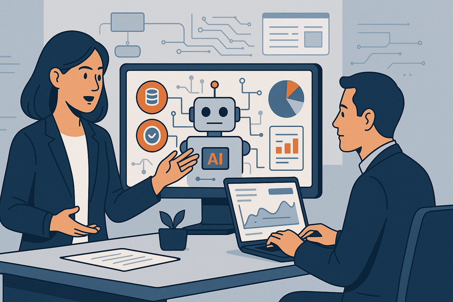 Illustration of a woman explaining AI data to a man using a laptop and a large screen.