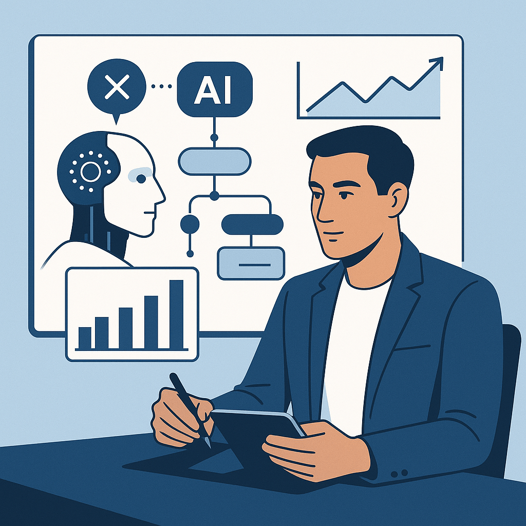 Illustration of a man analyzing AI concepts with graphs and flowcharts.