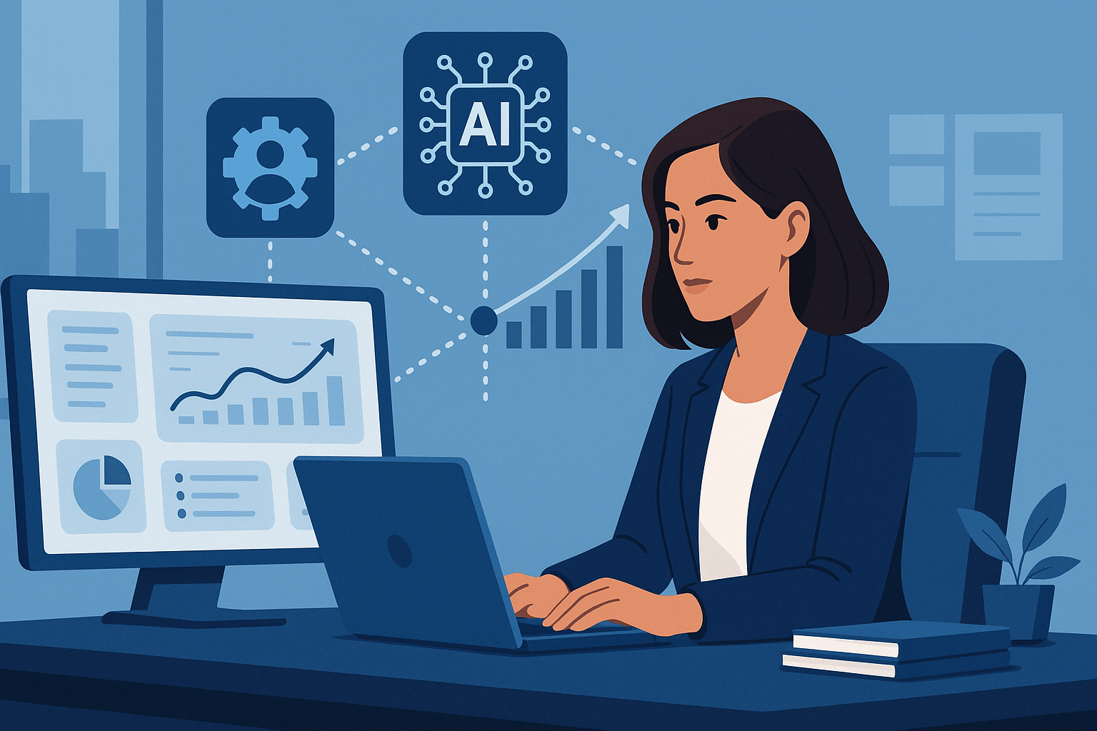 A woman working on a laptop with AI-related graphics and data on the screen.