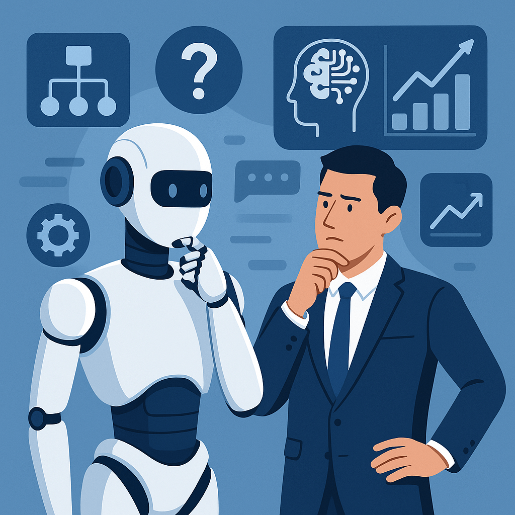 A robot and a businessman discussing AI concepts with graphs in the background.