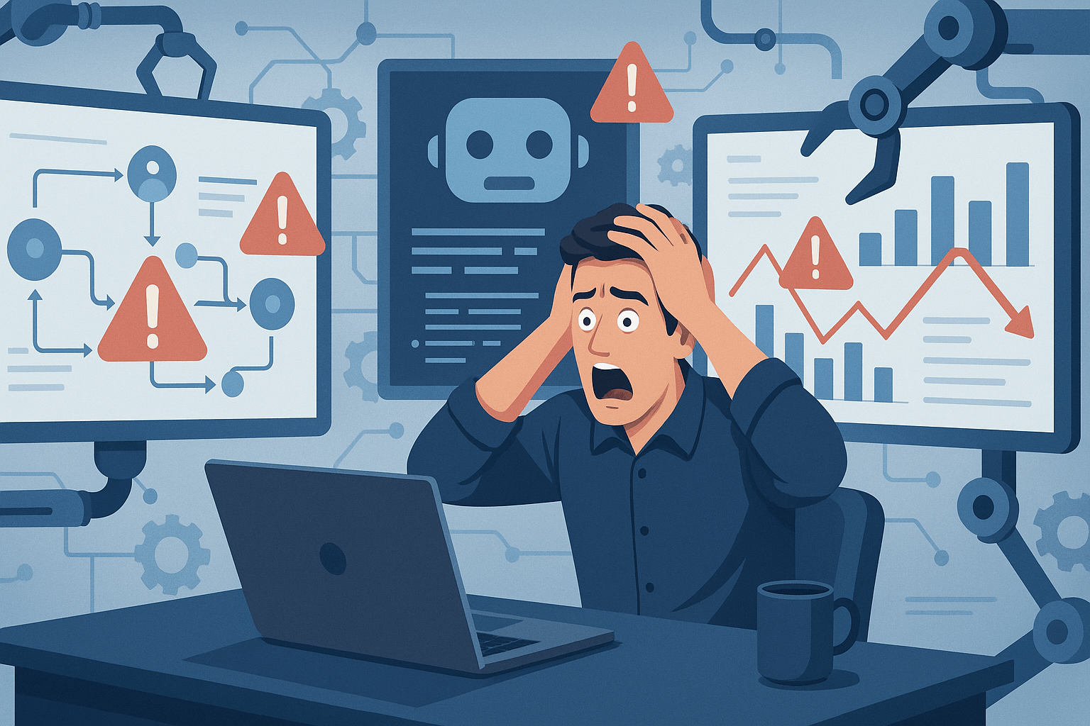 A stressed man holds his head while facing multiple warning alerts on computer screens.