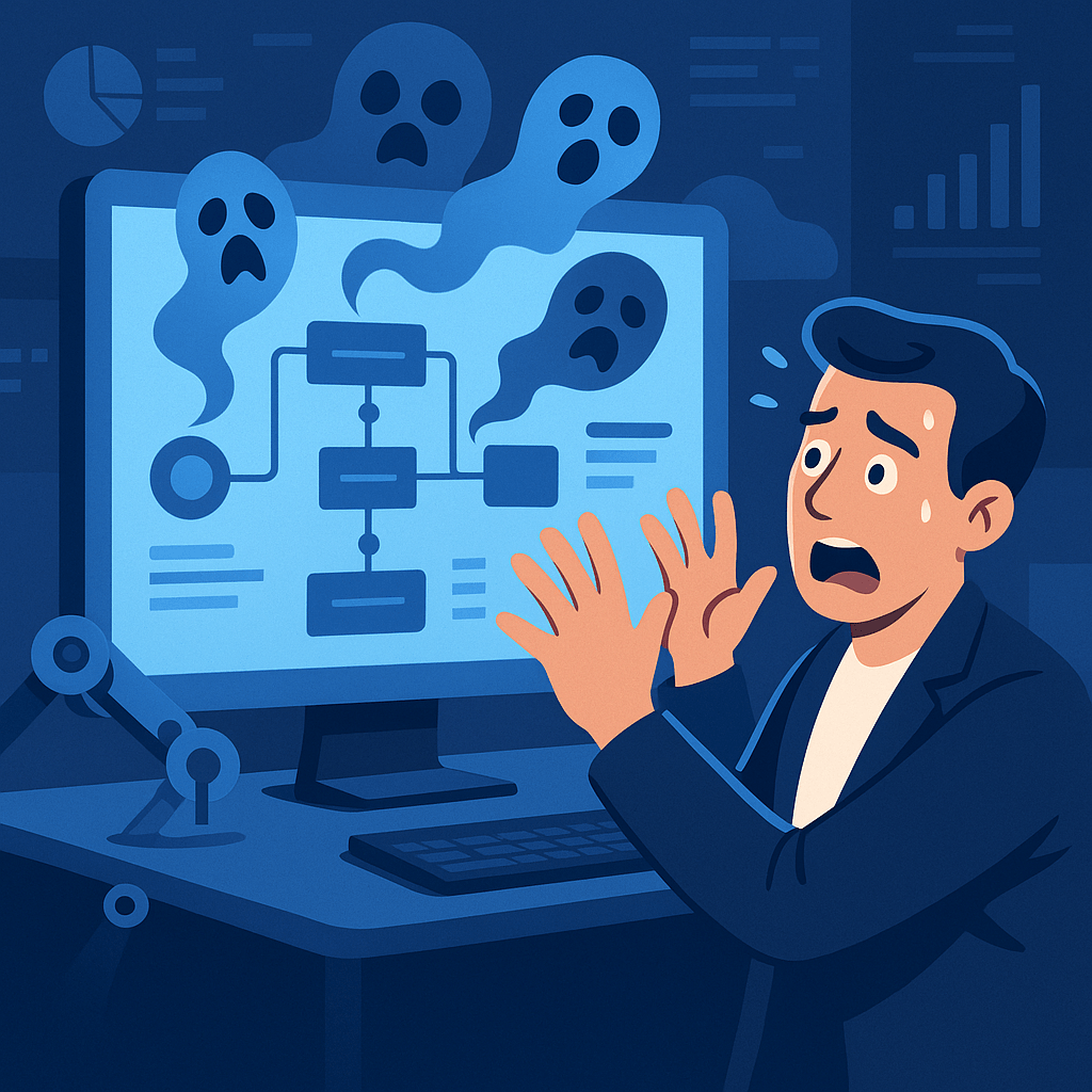 A worried man reacts to a computer screen with ghostly figures and flowcharts.
