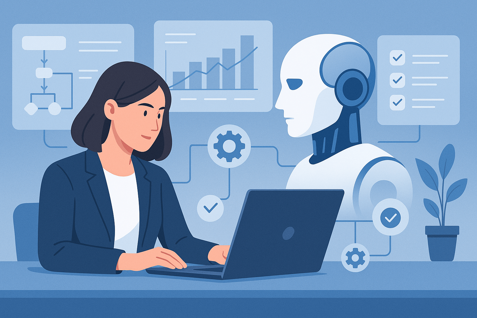 A woman working on a laptop alongside a robot, with data visuals and checklists around them.