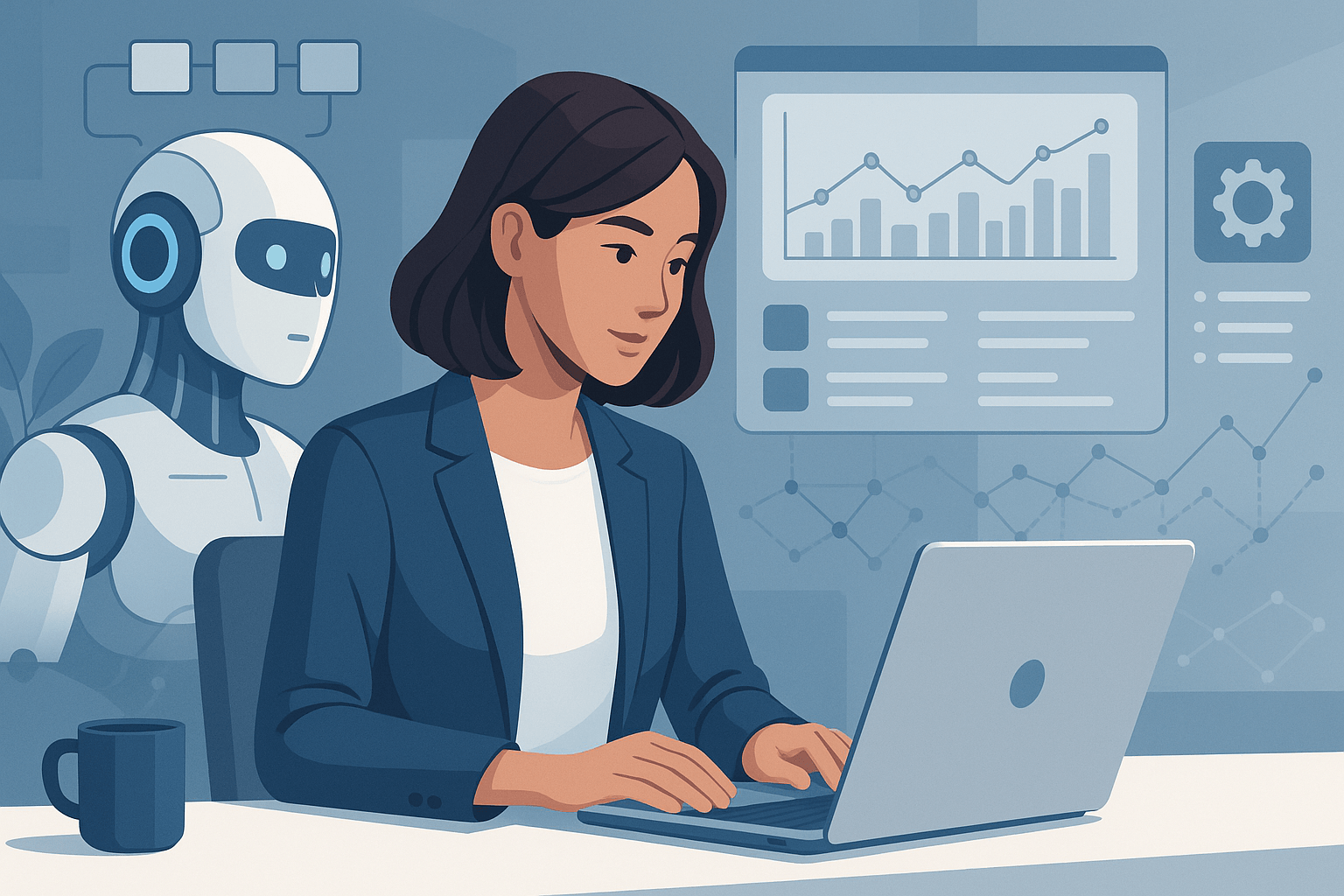A woman typing on a laptop with a robot beside her and data charts displayed on a screen.