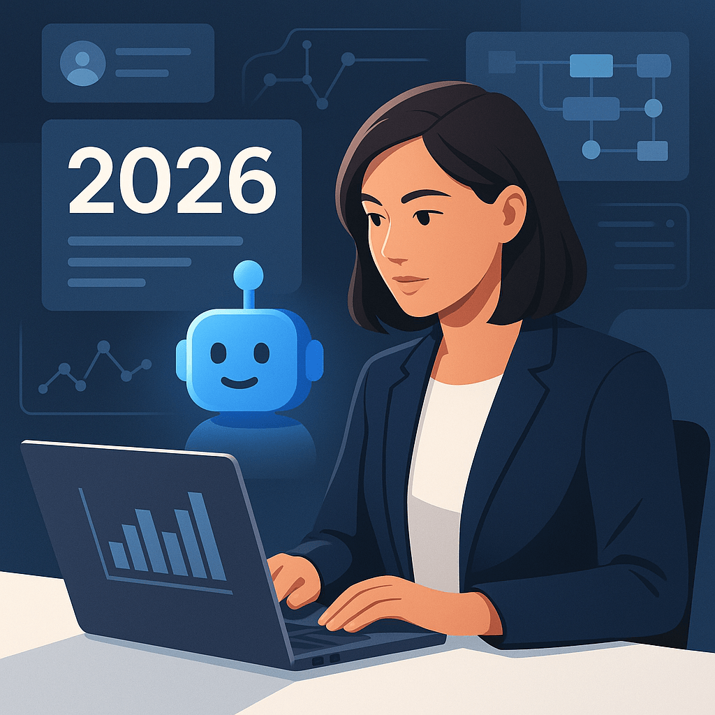 A woman working on a laptop with a friendly robot and data visuals in the background.