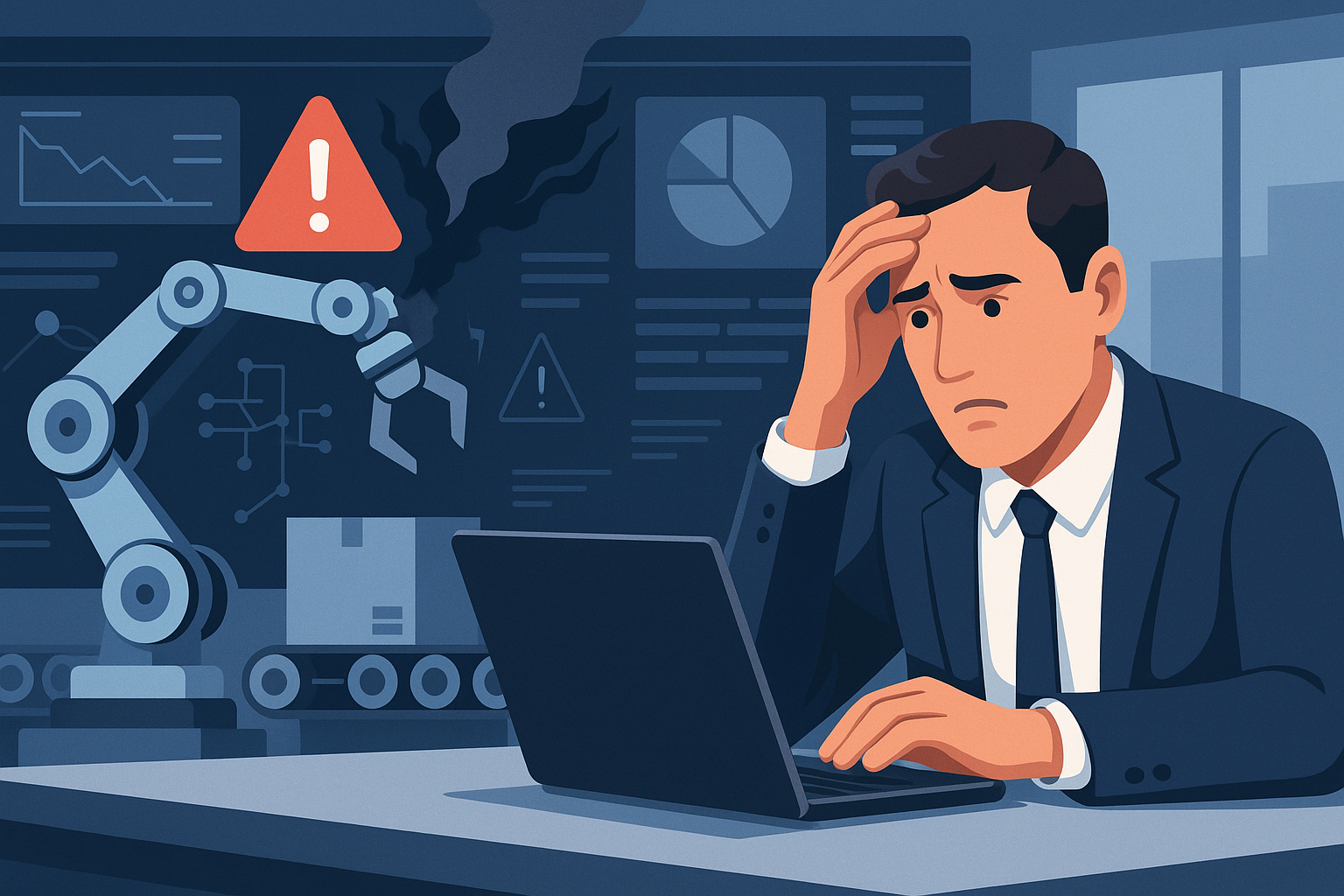 Business user struggling with failed automation workflow showing errors, system breakdowns, and AI process issues on a computer