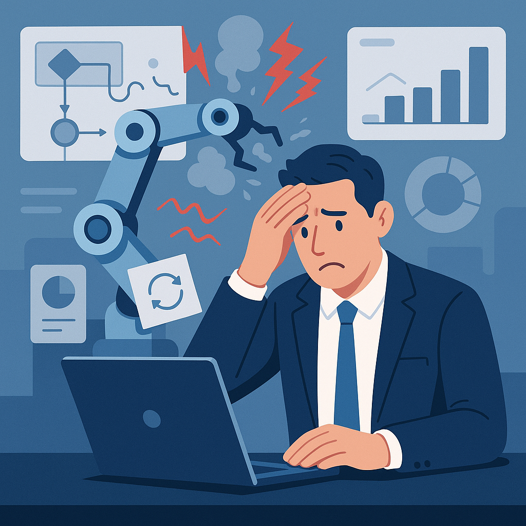 Frustrated business professional dealing with broken AI automation workflow on a laptop with error indicators and system issues