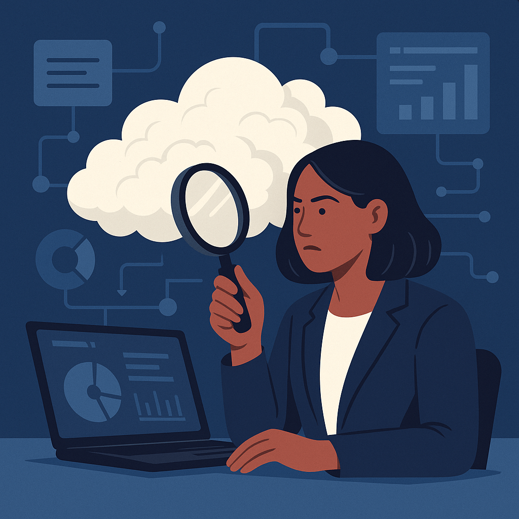 A person examining data on a laptop with a magnifying glass and a cloud graphic.