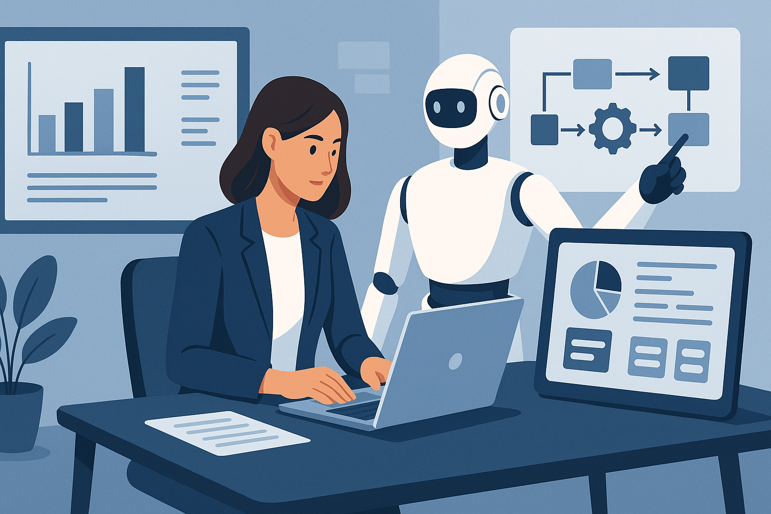 A woman at a desk with a robot assistant and charts on the wall.