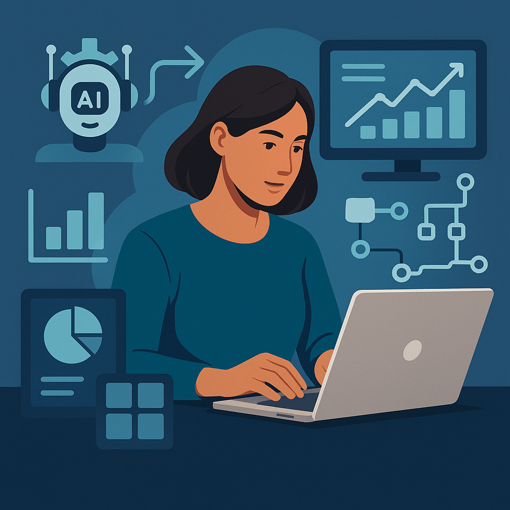 A woman working on a laptop with AI graphics in the background.