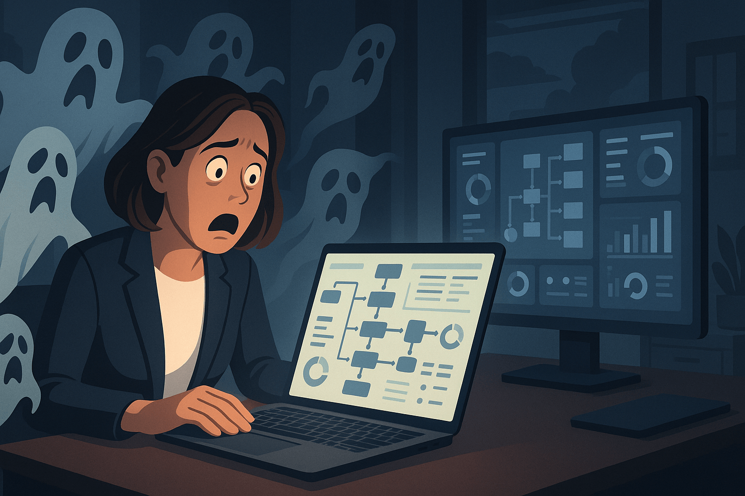 A worried woman working on a laptop surrounded by ghostly figures and data charts.