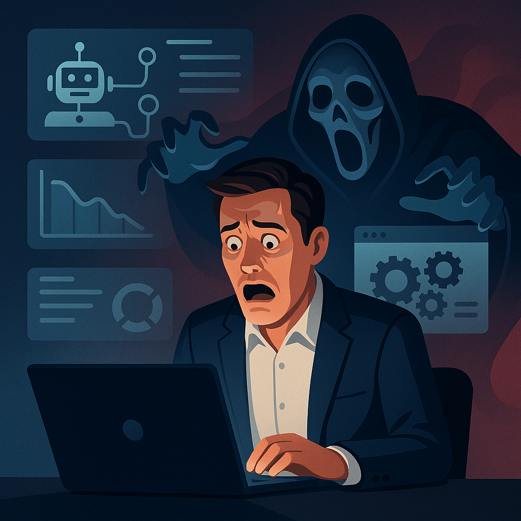 A frightened man at a laptop with ghostly figures in the background.