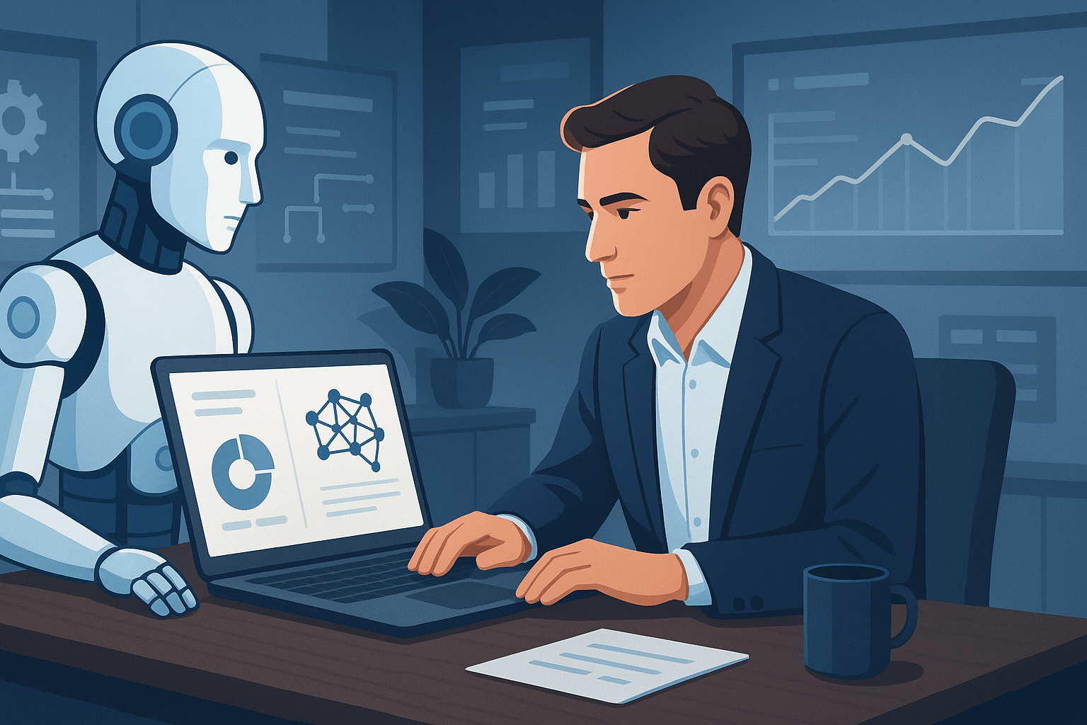 Man collaborating with a robot while analyzing data on a laptop.