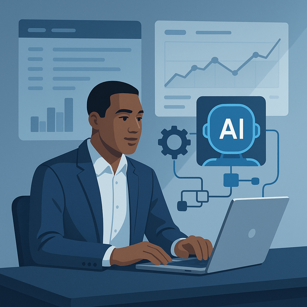 Professional man working on a laptop with AI graphics in the background.