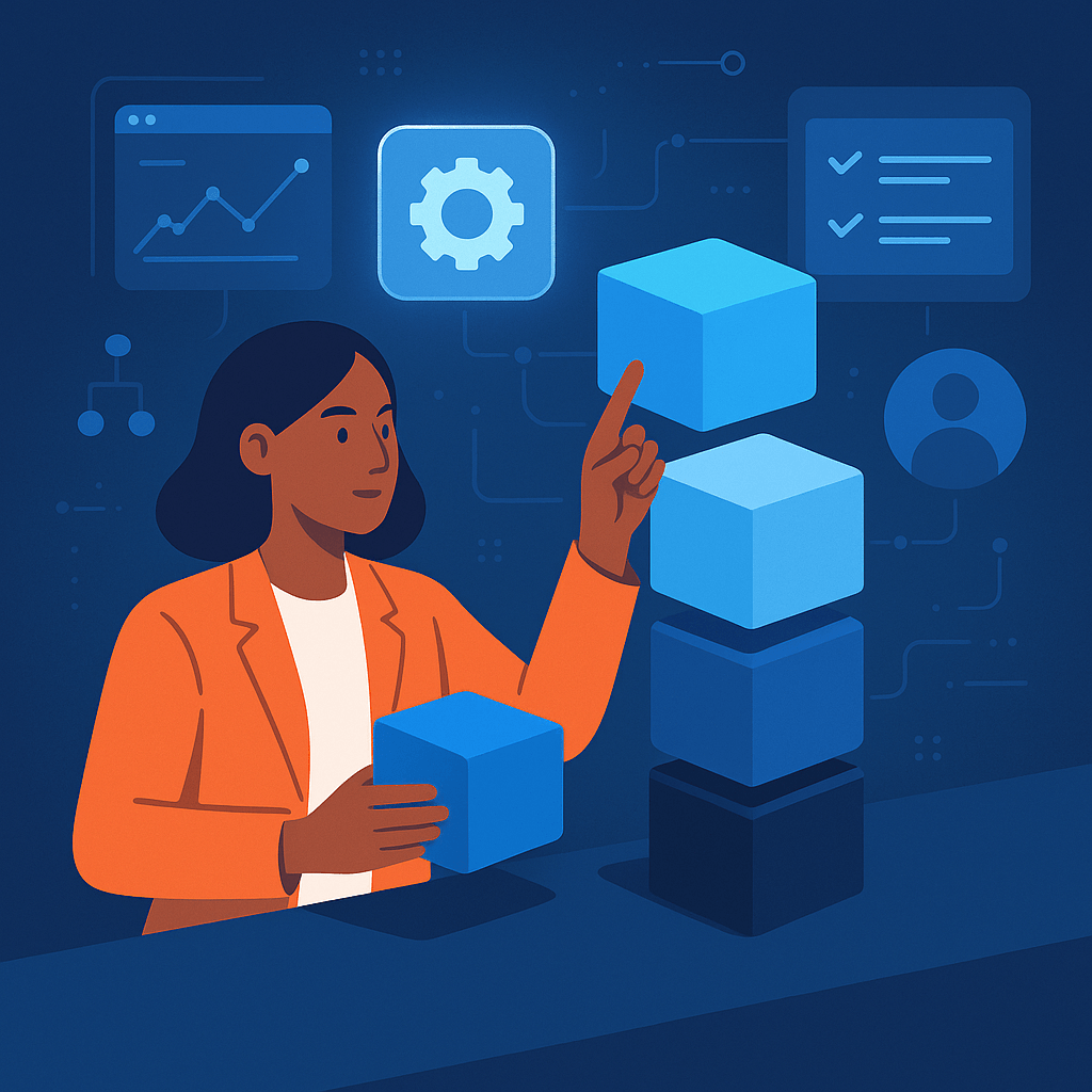 Person stacking blue blocks with digital icons in the background