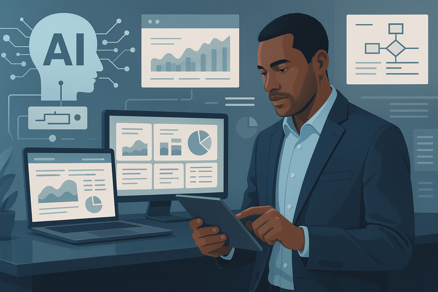 Person in a suit analyzing data on multiple screens with AI visuals