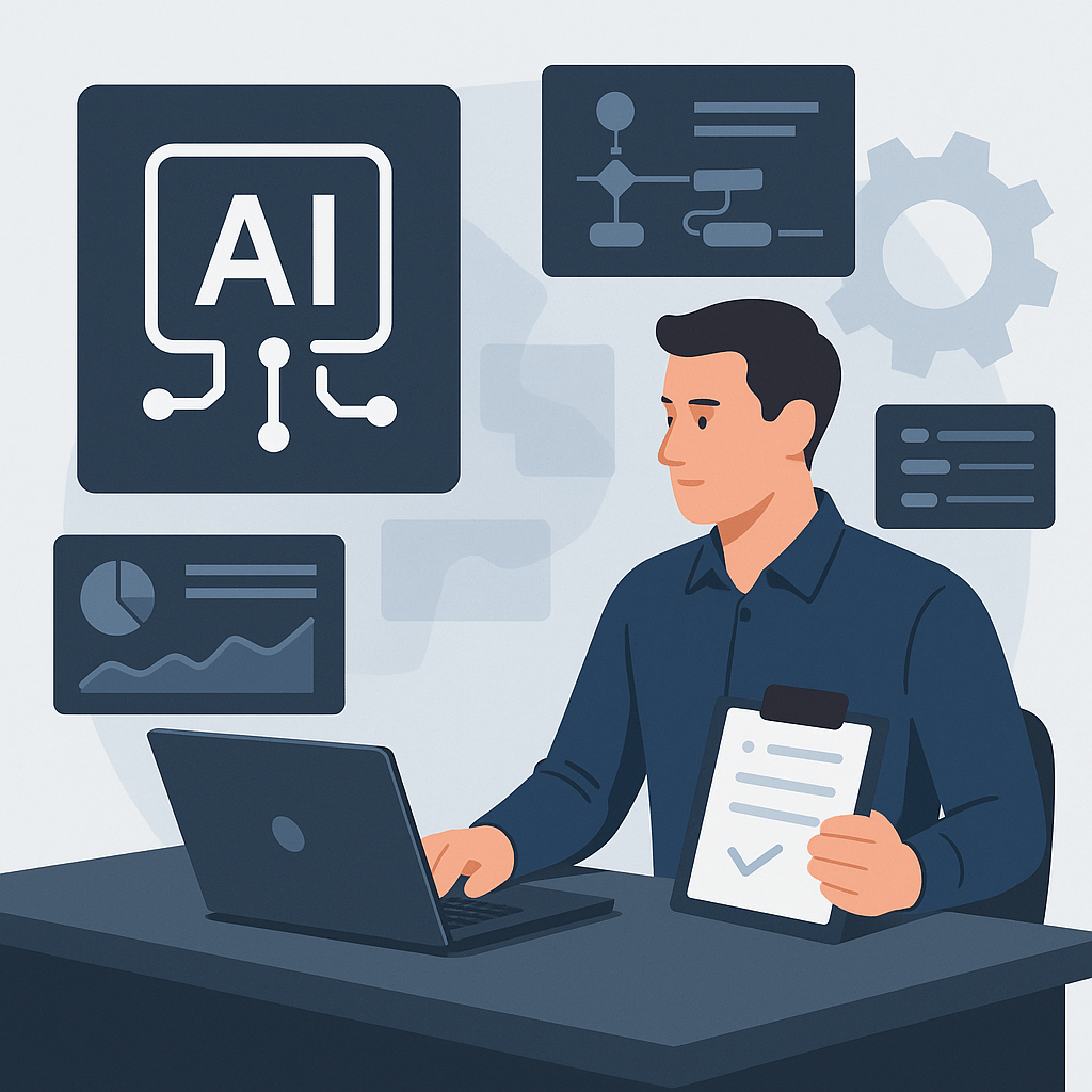 Person working on a laptop with AI graphics in the background