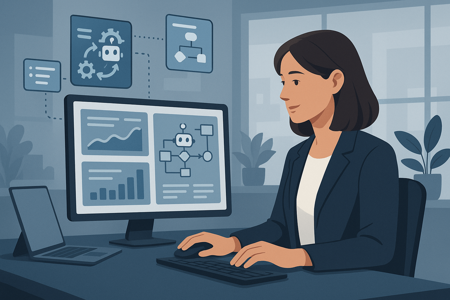 A woman at a desk using a computer with automation flowcharts and graphs displayed.