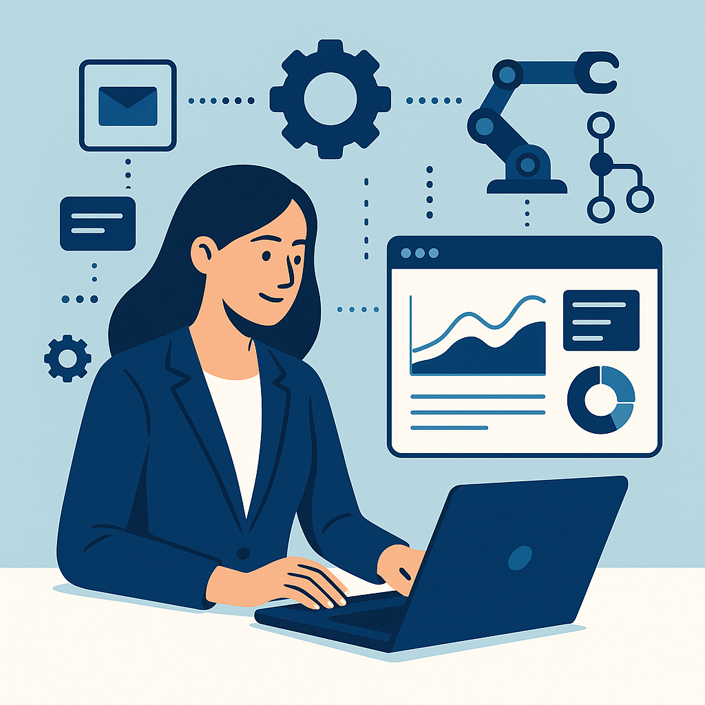 A woman working on a laptop with automation icons around her.