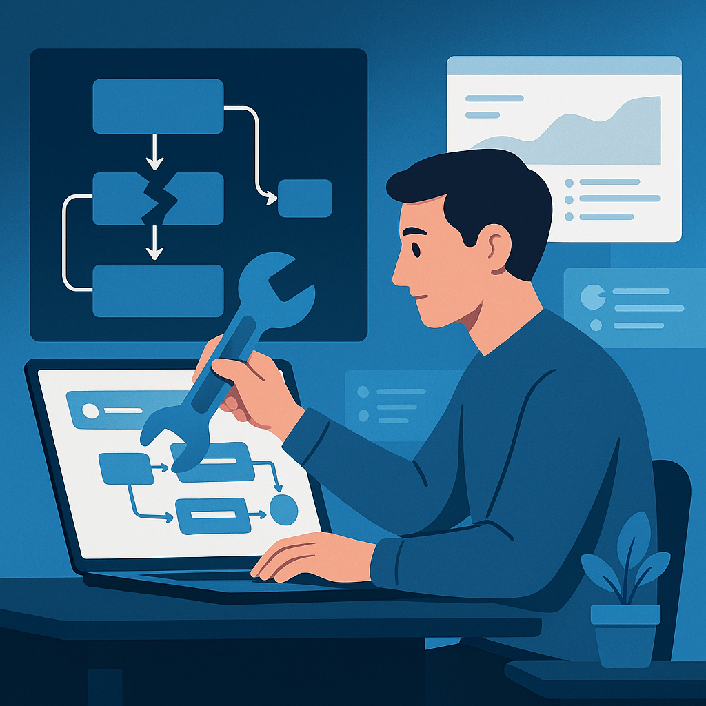 Person holding a wrench while working on a laptop with workflow charts in the background.