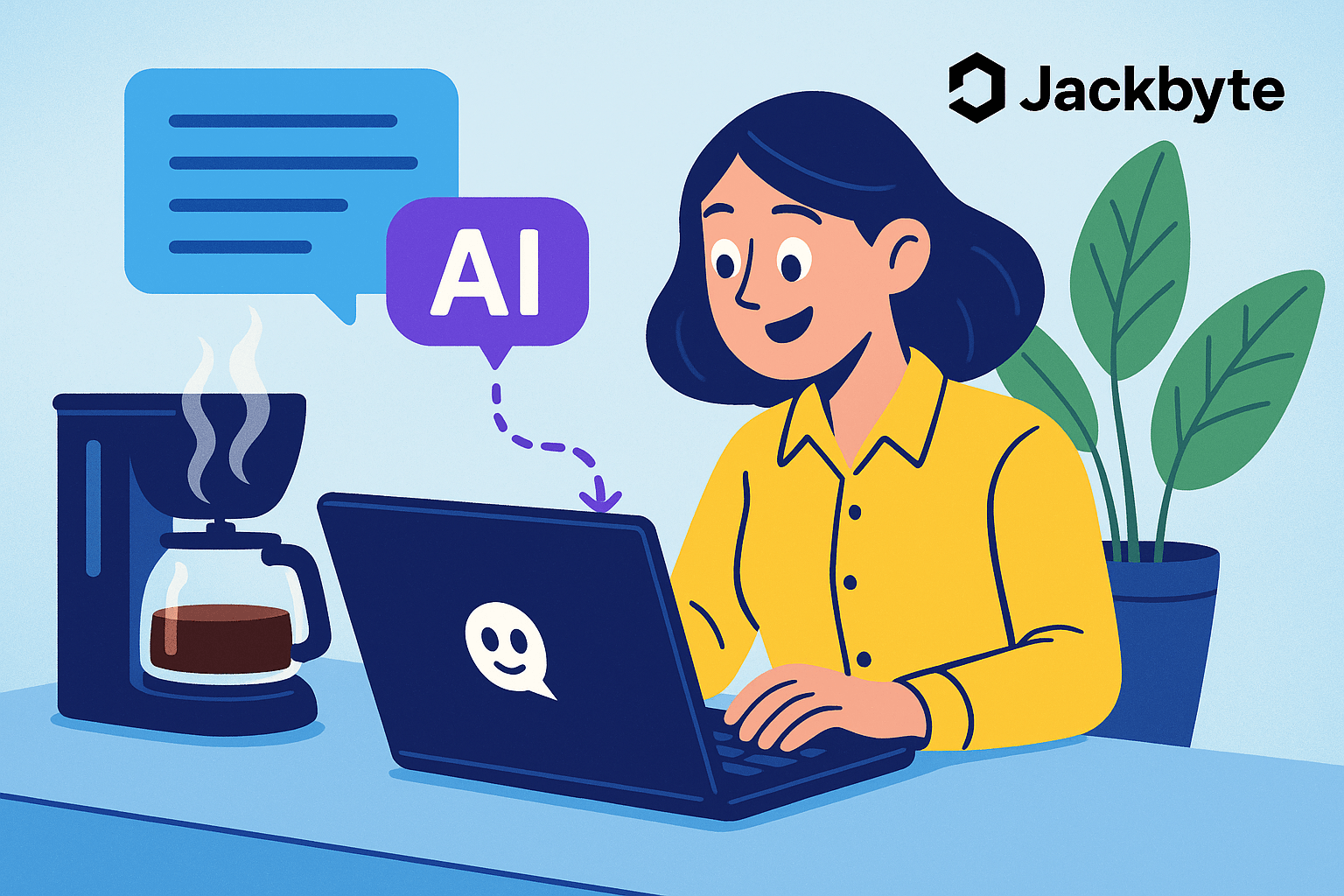 A person interacting with AI on a laptop while a coffee maker brews in the background.