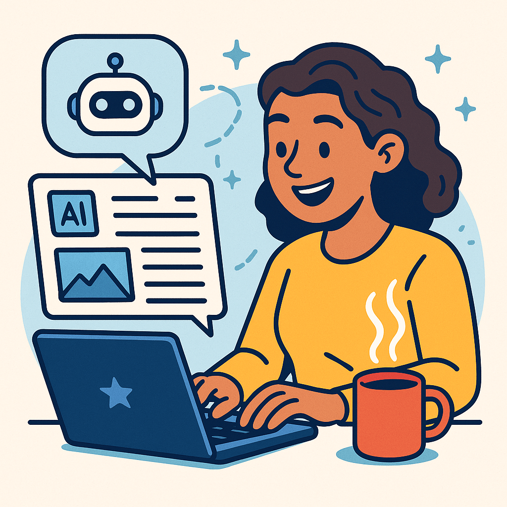 A person smiling while using a laptop with a coffee cup nearby and AI elements.