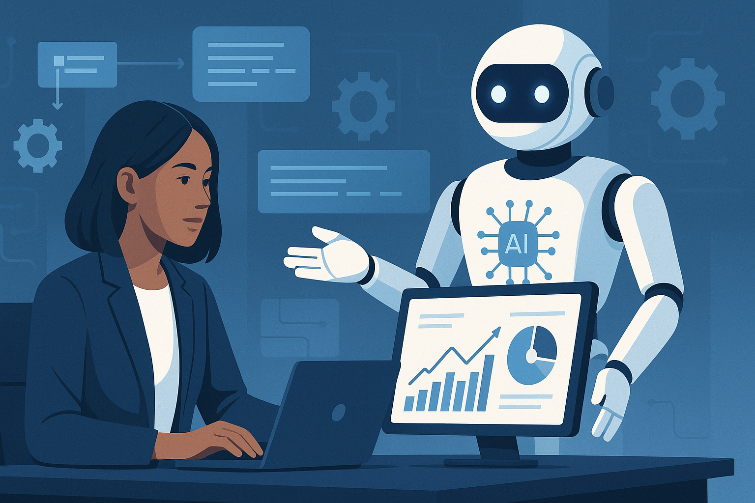 AI assistant helping a business professional analyze data and automate workflows on a computer dashboard