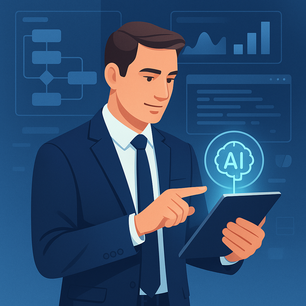 Business user interacting with AI automation software on a tablet showing workflow processes, data analytics, and system integrations