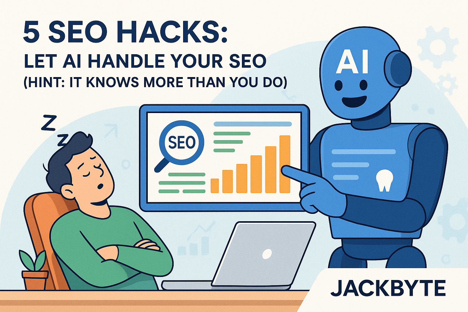 A robot pointing at an SEO dashboard while a man sleeps at his desk.