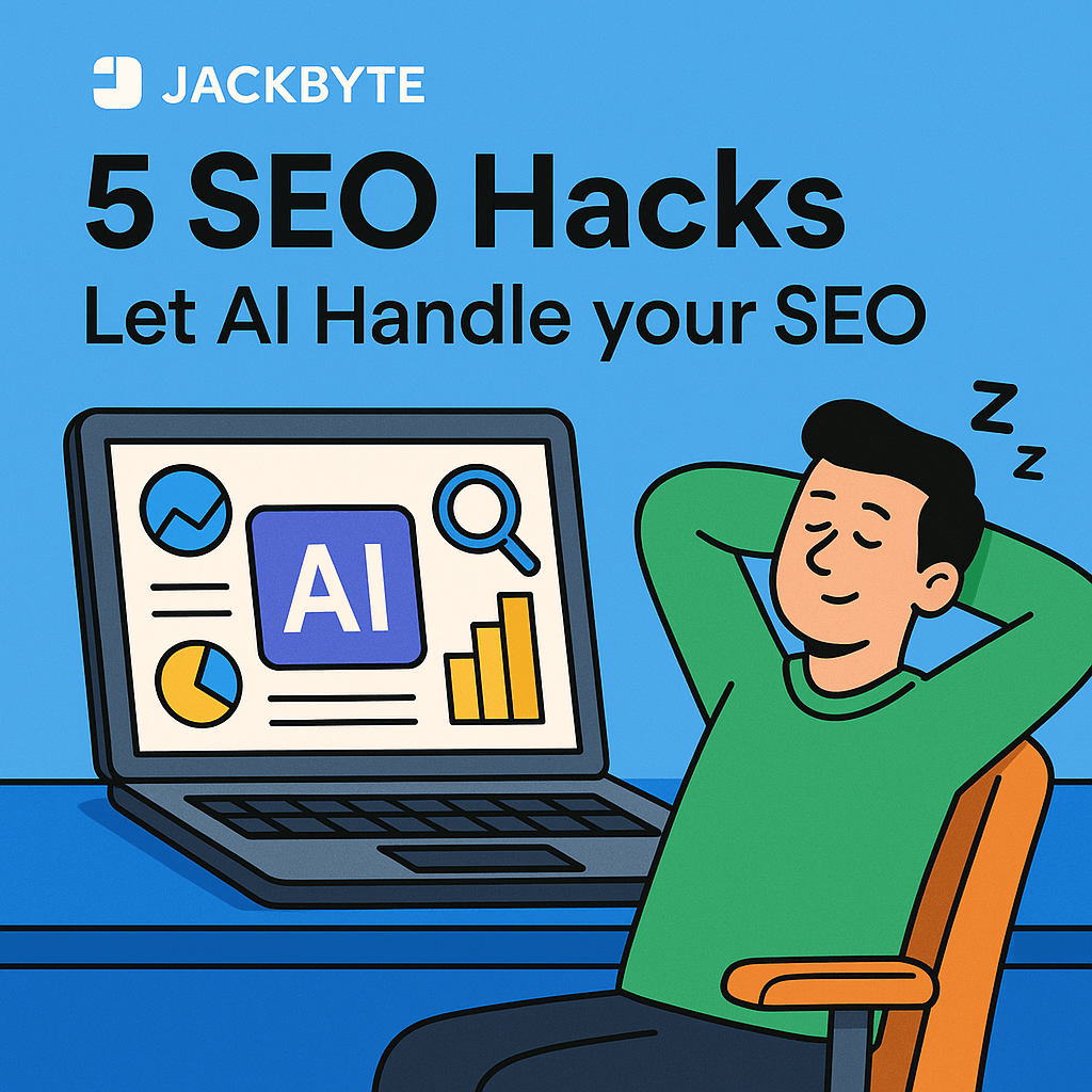 Illustration of a man relaxing in front of a laptop displaying SEO metrics and AI.