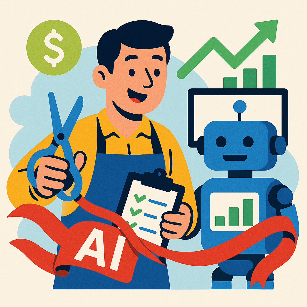 A person with scissors and a robot holding a clipboard with a checklist and a dollar sign.
