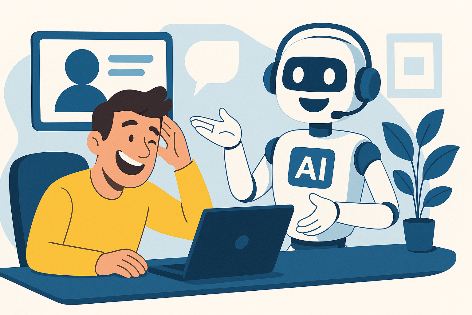 A man laughing with a robot while using a laptop, showcasing friendly AI interaction.