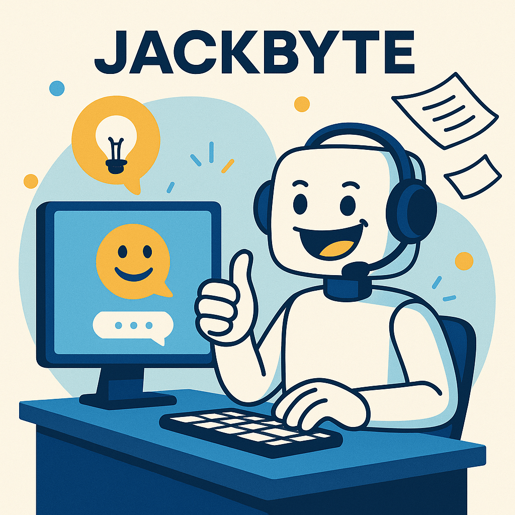 A cheerful robot with a headset giving a thumbs up at a computer.