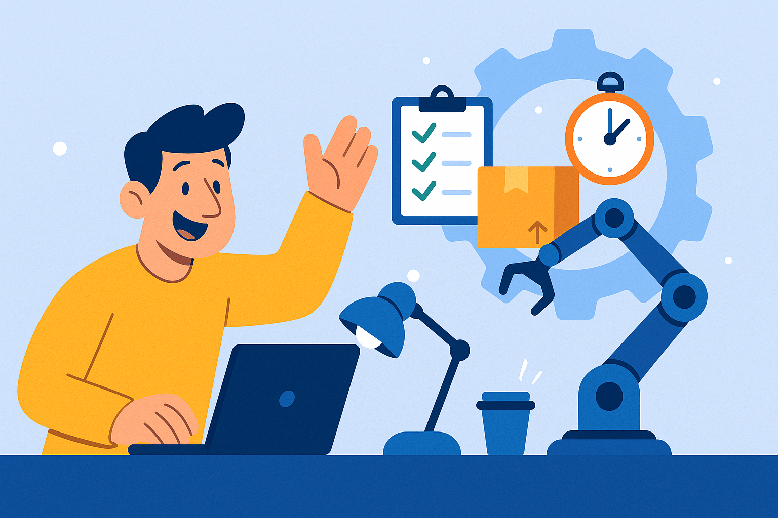 A man at a desk with a laptop, waving at a robotic arm, checklist, and clock.