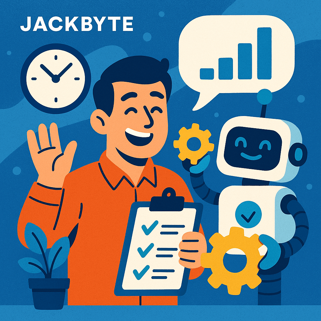 A cheerful man with a clipboard and a robot holding gears, set against a blue background.