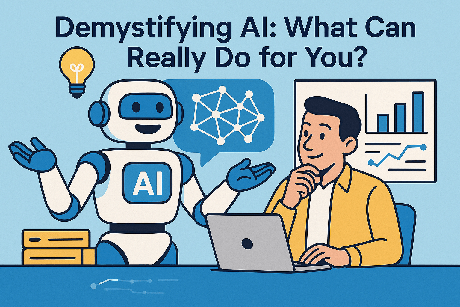 An AI robot and a person discussing AI capabilities, with graphs and data visuals in the background.