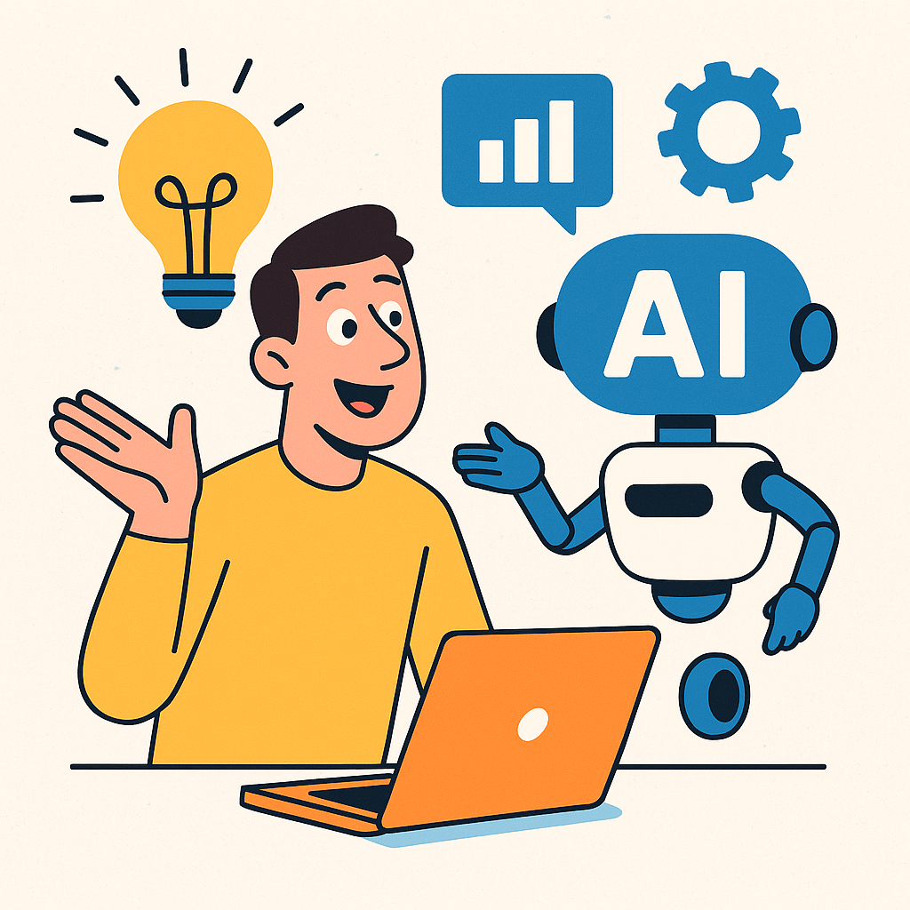 A person engaging with a friendly AI robot while using a laptop, with a light bulb and graph icons.