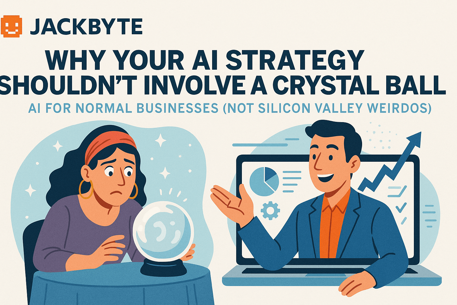 A worried woman looks at a crystal ball while a man gestures confidently from a laptop.