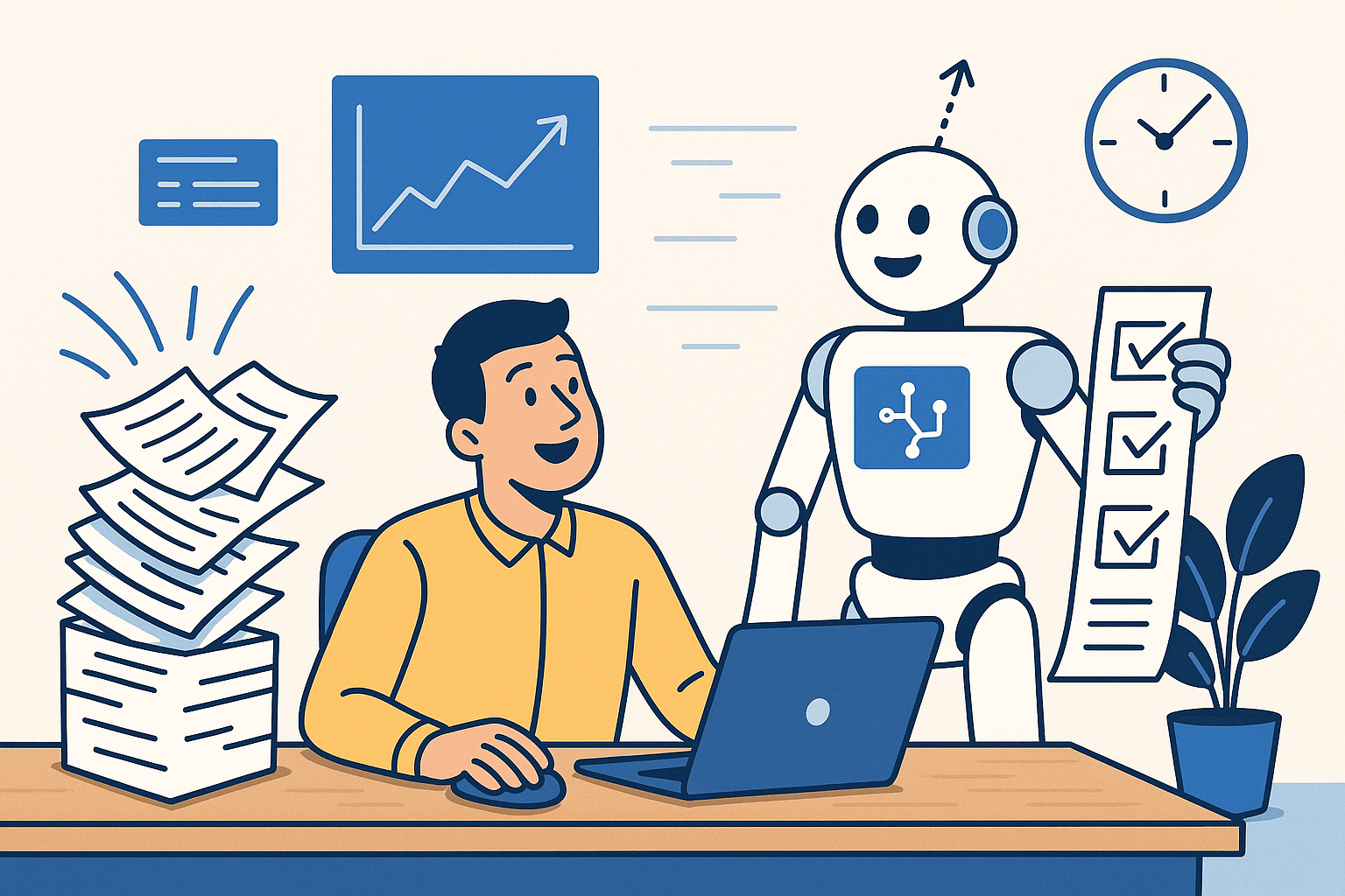 A man at a desk smiles at a robot holding a checklist, with a stack of papers and a graph on the wall.