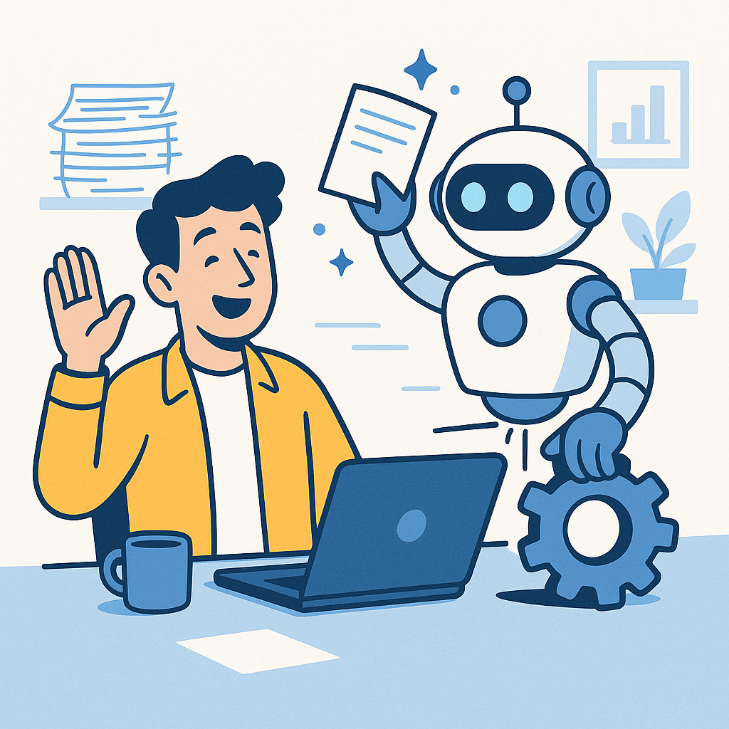A cheerful man waves at a friendly robot holding a document, with a laptop and coffee cup on the desk.